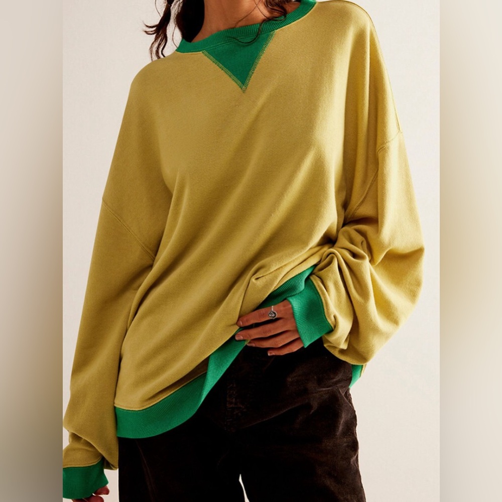 We The Free Olive Scoop Neck Sweater with Green Trim